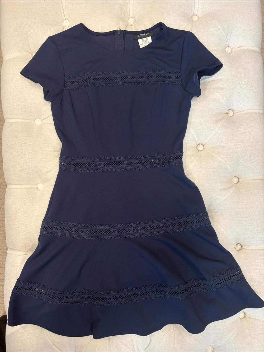 B Darlin Navy Short-Sleeve Lace-Panel Fit & Flare Dress